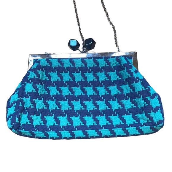La Je Houndstooth Print Satchel Kisslock Shoulder Purse Vintage Blue and green - Picture 4 of 5
